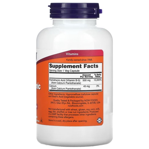 Now Food Pantothenic Acid, 500 mg, 250 Capss NOW Vit B Complex Ori USA