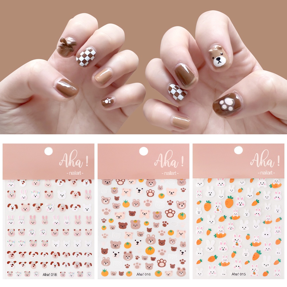 Stiker Kuku Motif Kartun Beruang / Kelinci Tahan Air Untuk Dekorasi Nail Art / Manicure DIY