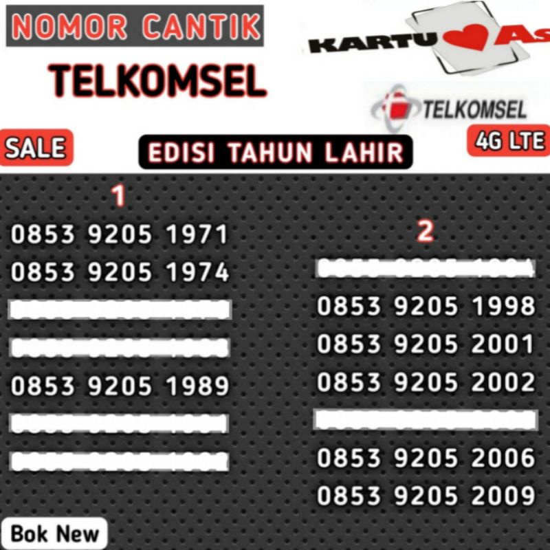 Nomor Cantik Kartu Perdana Telkomsel AS 4G LTE (Seri Tahun Lahir)