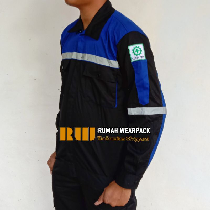 Baju Kerja/ Wearpack Proyek/ Seragam Kerja Atasan Warna Hitam Kombinasi Biru Benhur