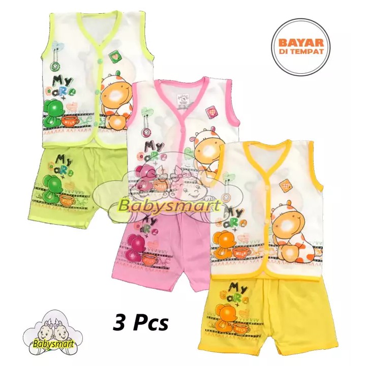 Babysmart - MELODY WARNA... 3 SET Setelan Baju Bayi Buntung+Celana Pendek umur 0-3 bulan/bajurumah