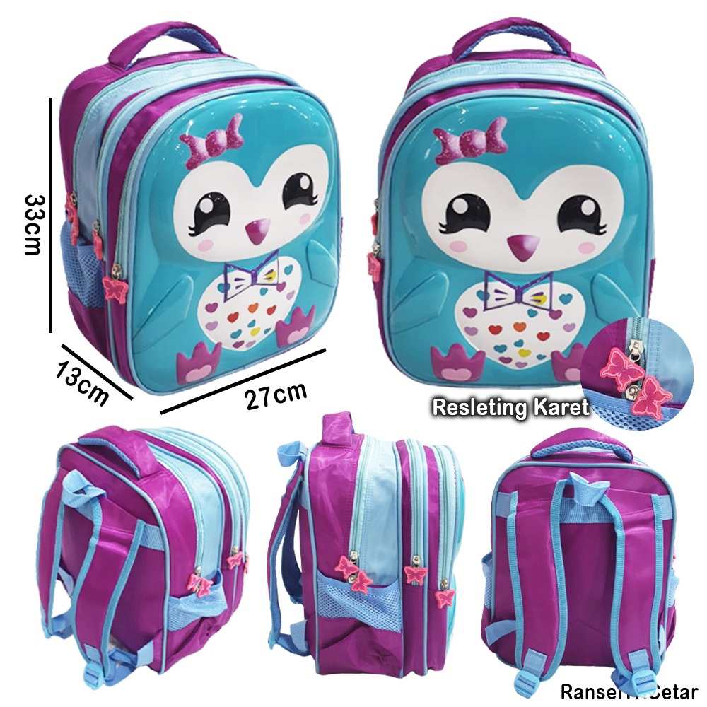 PROMO 10.10 Tas Ransel Anak Sekolah TK Anak Perempuan Cantik Karakter Kartun Kuda Pony Rambut Pirang Cetar Burung Pinguin OWL Balon Candy Pin GLOSSY TIMBUL 3Resleting IMPORT