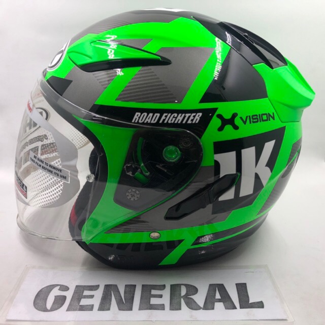 Helm NHK R1 Motif Neuro Green Fluorecent Silver Hijau Stabilo Double Visor