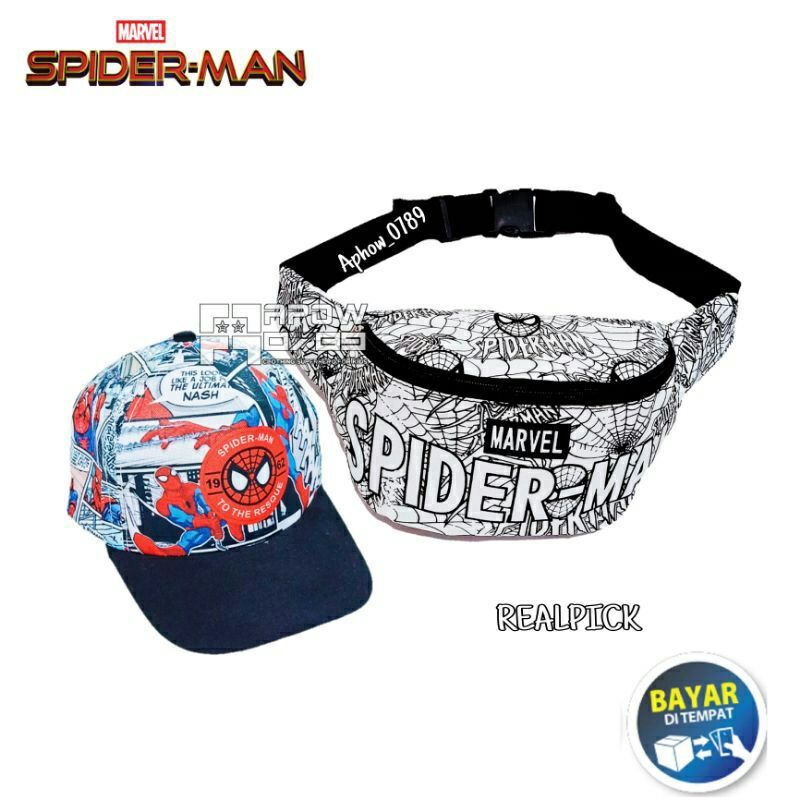 tas selempang anak dan topi anak karakter spiderman waist bag anak laki laki dan topi anak laki laki 2in1