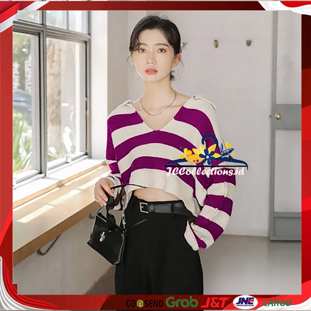 Sweater Crop Top Polo Knit Kerah Blaster Atasan Rajut Wanita Korea Style Kekinian Feijji / Sweater Oversize Croptop - JCCollections