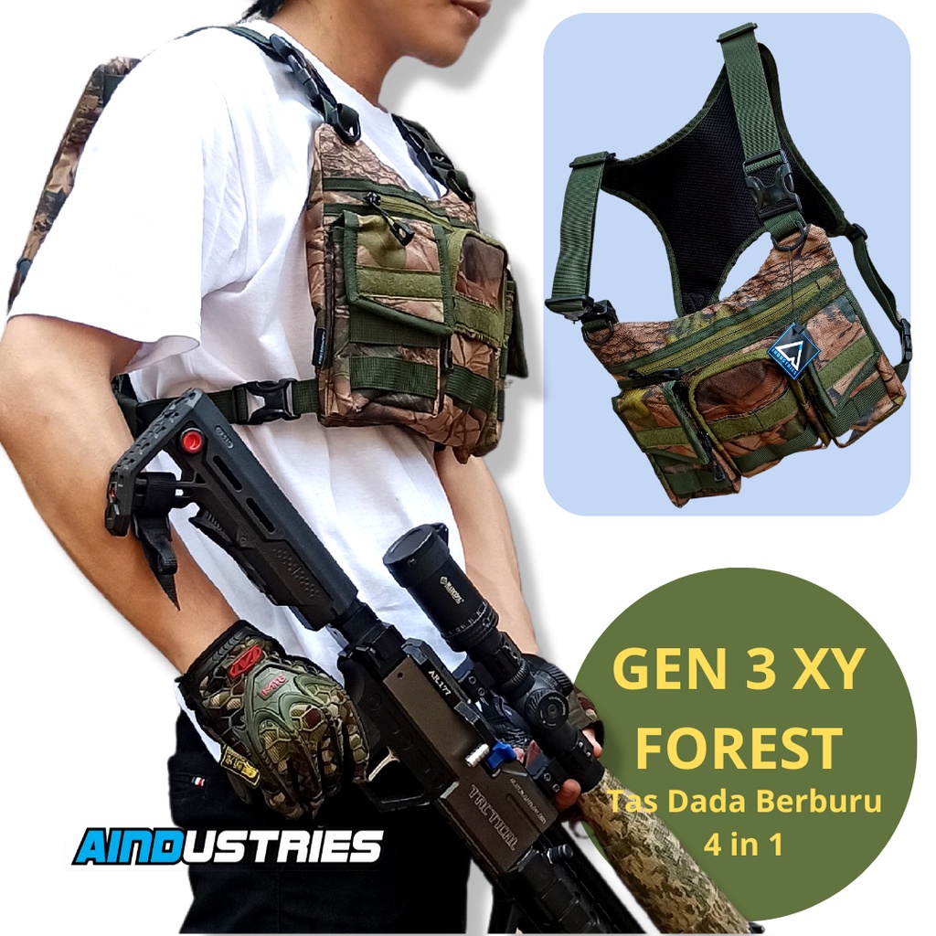 Tas Selempang Punggung Dada Rompi Berburu, Chest Bag Camo Ranting, Loreng Hutan Daun, Tas Kamuflase 
