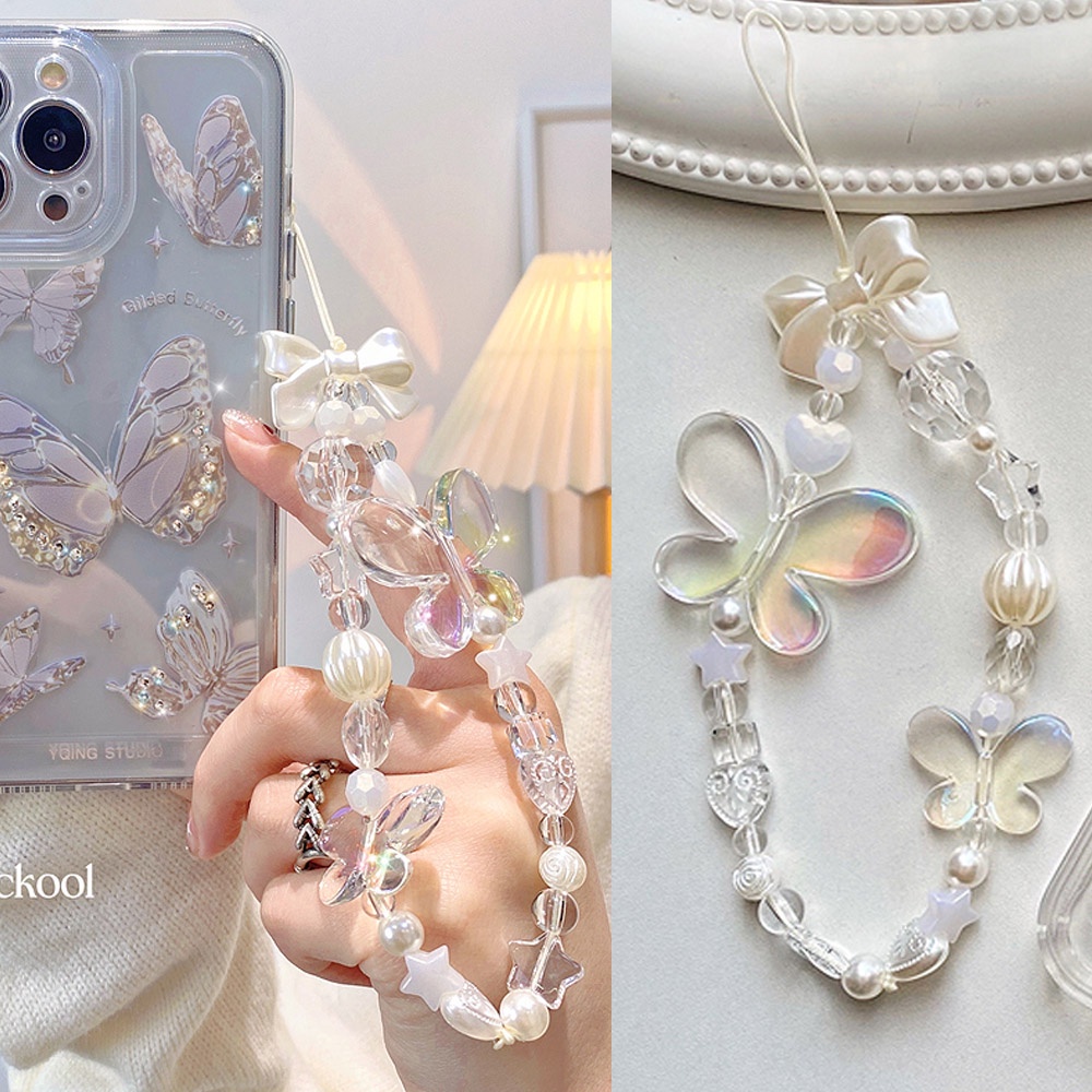Ins Tali Lanyard Motif Kupu-Kupu Aksen Mutiara Imitasi Anti Hilang Untuk Aksesoris Handphone