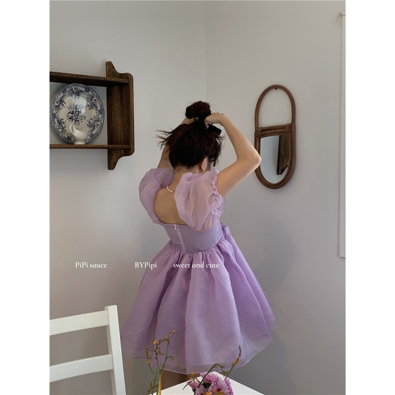 Mini Dress Puff Lengan Gaun Wanita French Court Style Princess Rok Musim Panas Pinggang Kecil Bengka