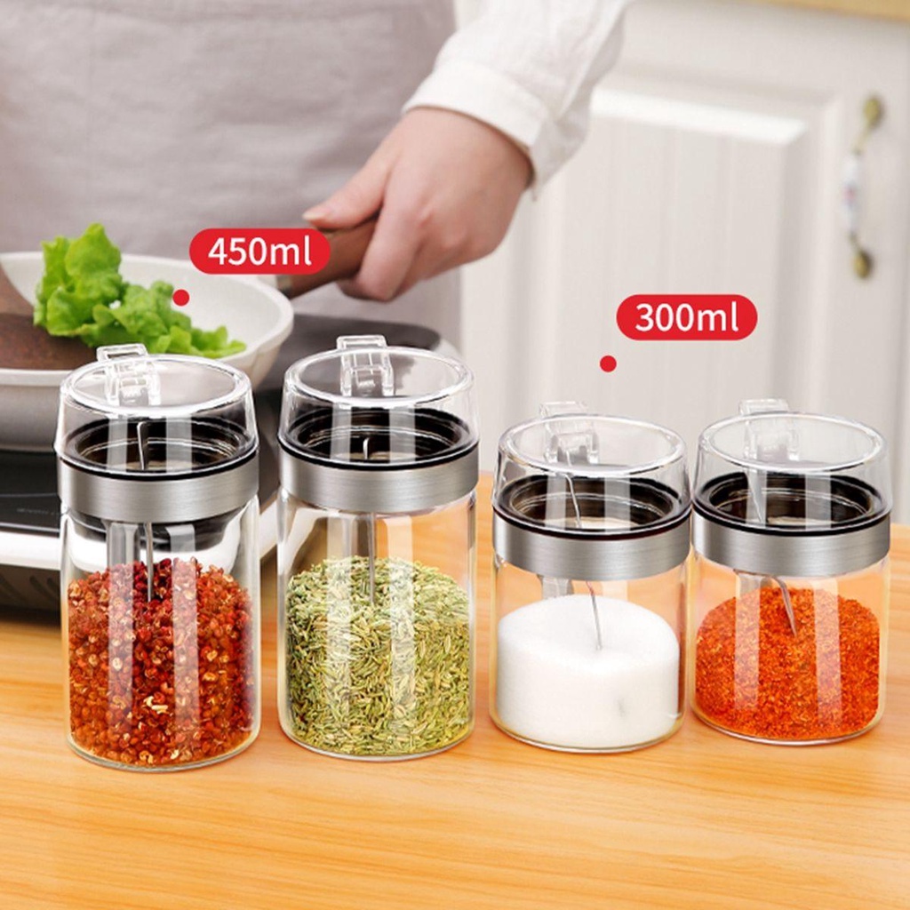 [Elegan] Toples Bumbu Garam Gula Dengan Sendok Organizer Stainless Steel Anti-Moisture Condiment Pot