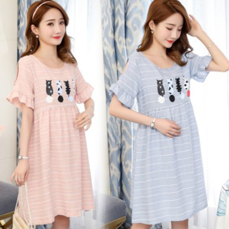 Gaun Bersalin Pakaian Menyusui Cetak Korea Bergaris Garis Lengan Pendek Telanjang Baju Hamil Qamis Shopee Indonesia