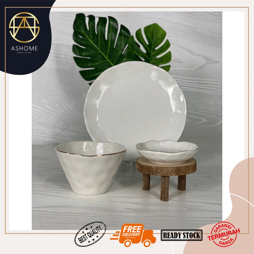 ASHOME Piring Set 1 Orang Piring Makan Set Keramik Putih Gold Motif Gelombang Isi 3 Pcs / Piring Set