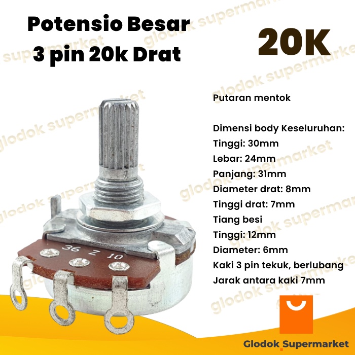 Potensio Besar 3 pin 20k Drat Mono Kaki 3 Tekuk 203