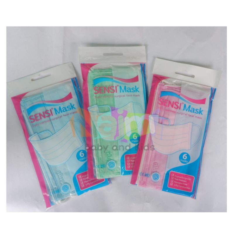 Masker SENSI Original Medis Earloop Sachet isi 6 (warna biru, hijau, pink)