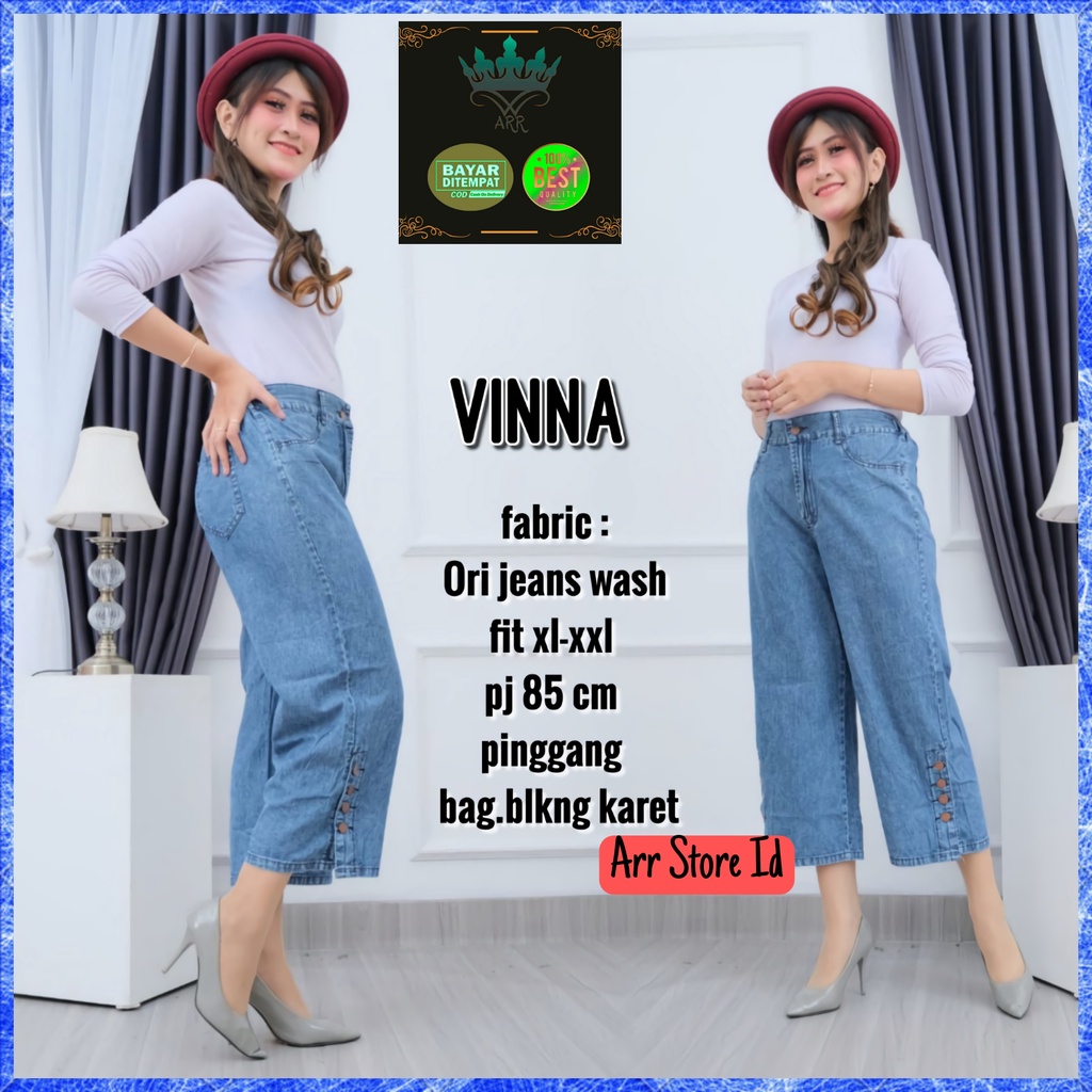 Vinna Celana Panjang Boyfriend Jeans Jins Kulot Wanita Jumbo Premium Hightwaist Kekinian Pinggang Karet Lp 75-105 P 85 Size Fit L-XXL