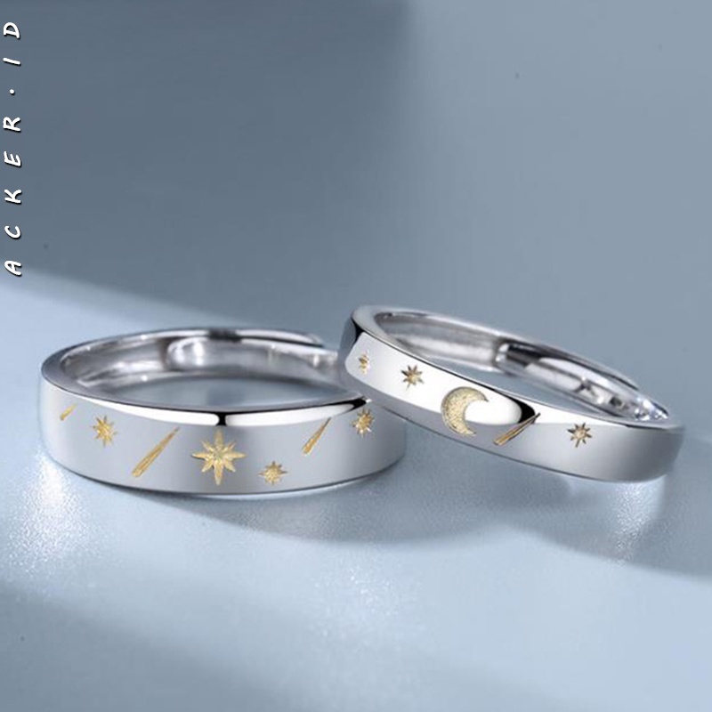 [ACKER] S925 Sterling Desain Bulan / Matahari Bintang Meteor Perak Dengan Set Cincin Yang Dapat Disesuaikan Untuk Pasangan