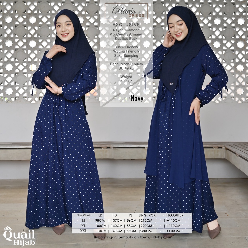 ALANIS DRESS OUTER Gamis Polkadot Quail Hijab Bahan Rayon Ori murah