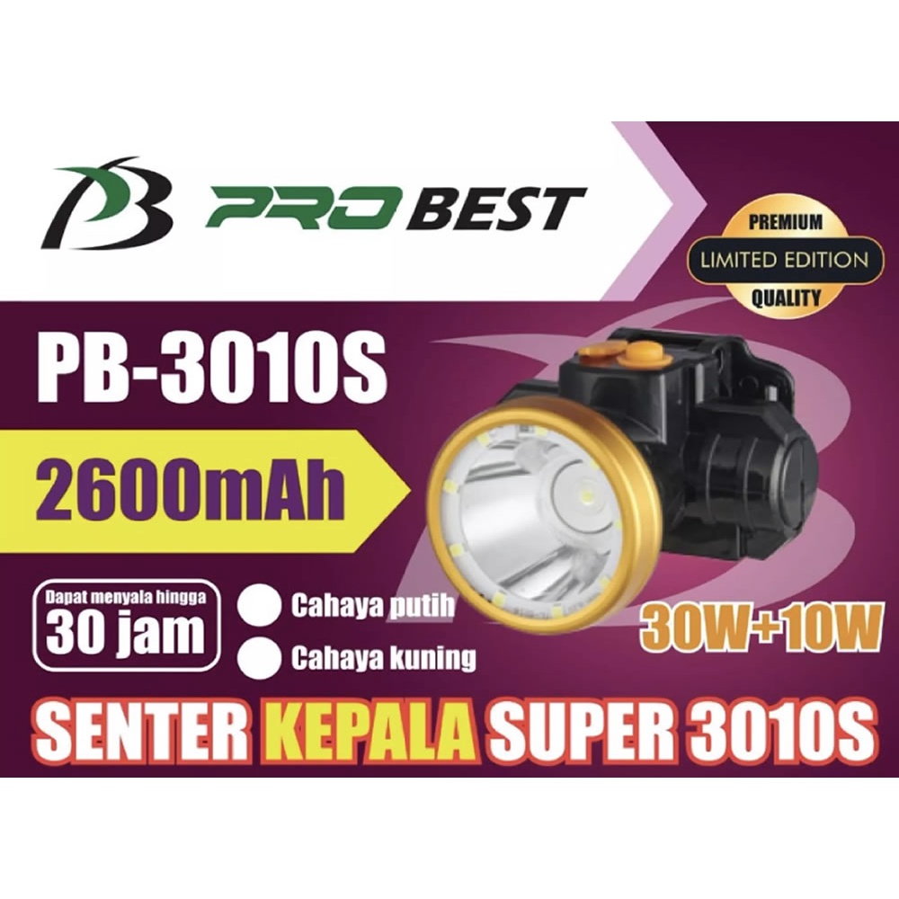 Senter Kepala Probest 30 Watt + 10W PB-3010S LED Cahaya Putih / Kuning