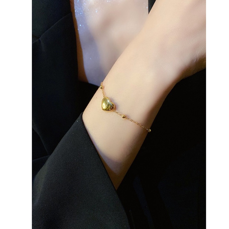 Gelang Titanium Wanita Anti Karat Manik Hati Emas 18K Cantik Perhiasan Korea