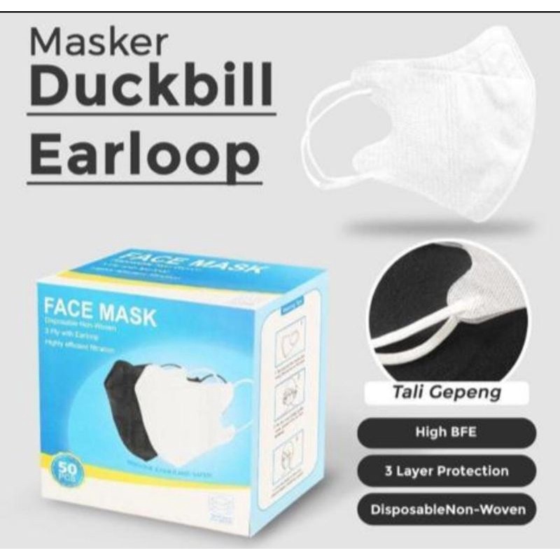 MASKER DUCKBILL PUTIH HITAM FACEMASK BERGARIS ISI 50PCS PREMIUM