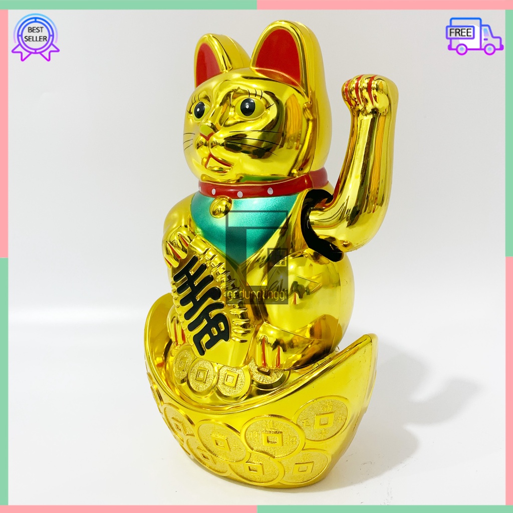 Patung Hiasan Dekorasi Boneka Pajangan Kucing Hoki Keberuntungan Lucky Cat Rejeki Maneki Neko Maneko Neki Emas Gold Tangan Gerak Goyang Baterai Batre Batrai Batrei Non Solar Listrik Cina China Jepang Meja Toko Kasir Size Ukuran Kecil Sedang Medium Besar