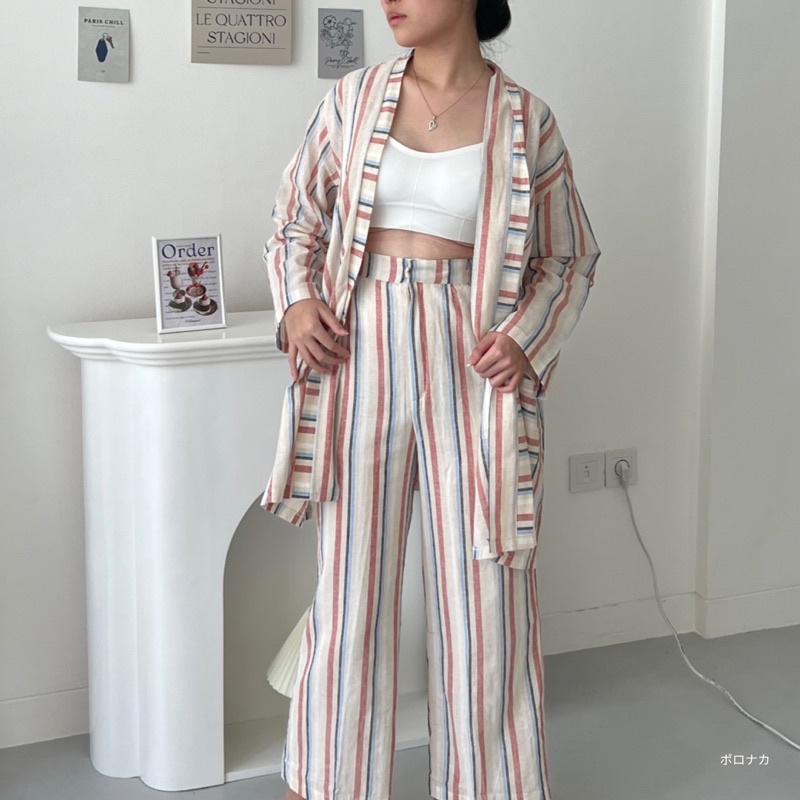 PORONAKA - URI Stripe Linen Set (Outer &amp; Pants)