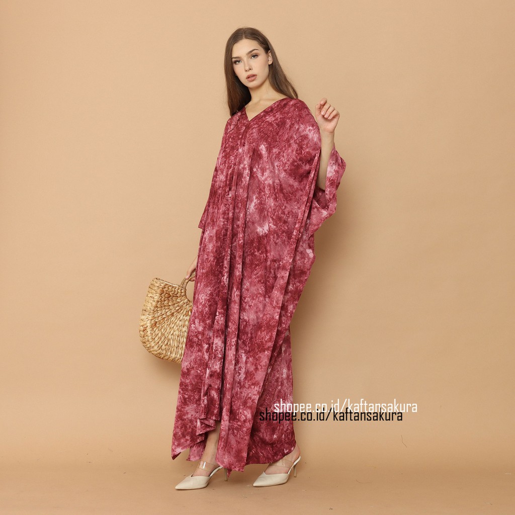 KAFTAN TIE DYE MARBLE TERBARU WARNA MERAH BAHAN RAYON LEMBUT OVERSIZE LEBARAN MURAH 2021