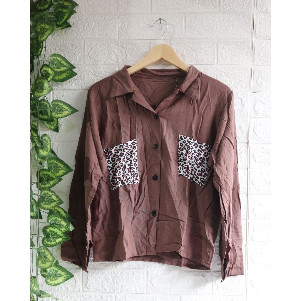 Baju Kemeja Wanita Two Tone Animal Kekinian / Kemeja dua warna / Top Wanita / Atasan Wanita-Plum LS01