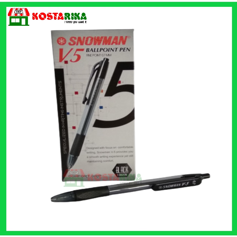 Ballpoint Pena Snowman V5 Pulpen Tinta Hitam dan Biru satuan