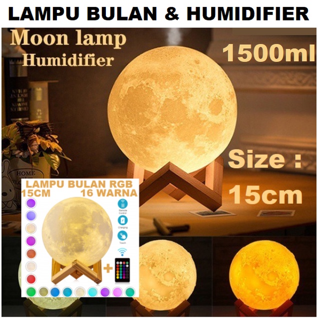 Lampu Tidur Bulan 15CM Moon 16 Warna RGB + Remote Humidifier Bulan Lampu Tidur Unik