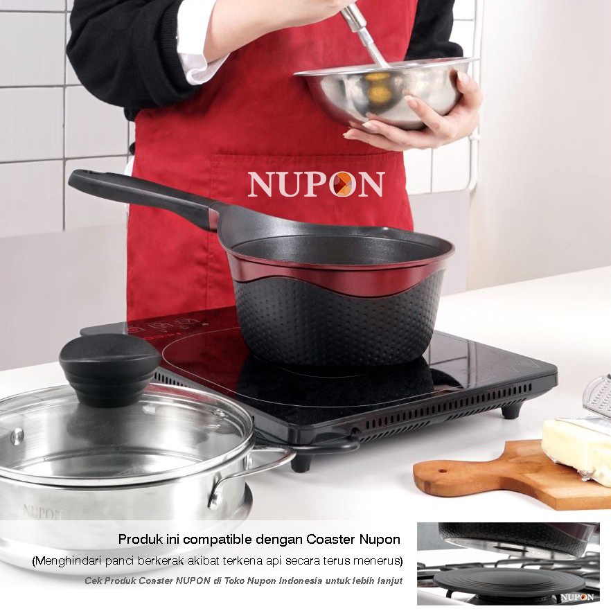 NUPON Sauce Pan 18cm Panci Anti Lengket PFOA Free dengan Tutup Kaca dan Steamer Stainless Food Grade