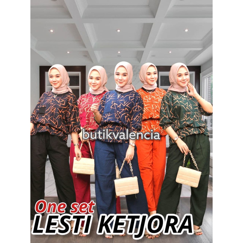 One Set Wanita Lesti Ketjora Rayon Premium Setelan Wanita Batik Lengan 7/8 Set Celana Kekinian LD 110 cm