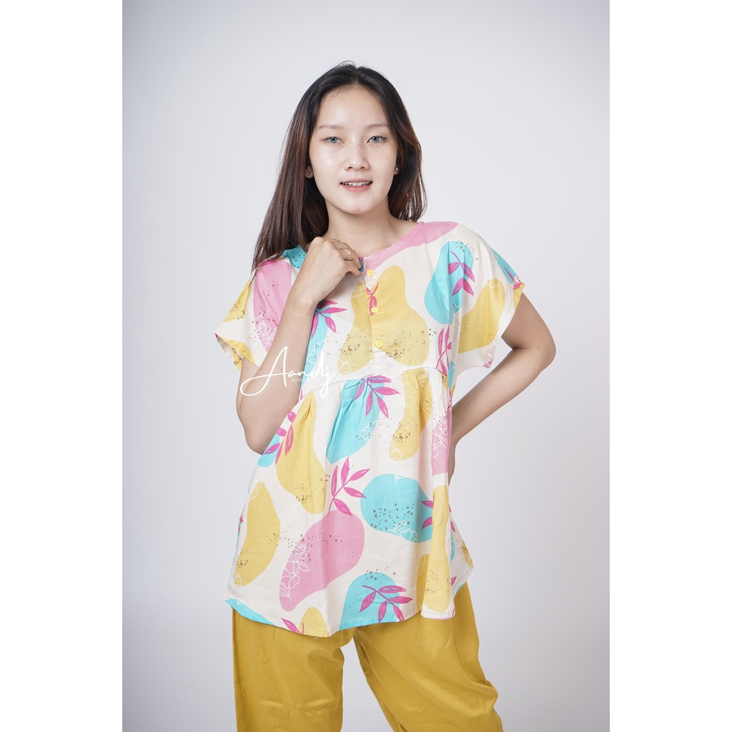 SETELAN BAJU TIDUR PIYAMA WANITA ONE SET PAJAMAS RUFFLE KANCING BUSUI CELANA PANJANG-5