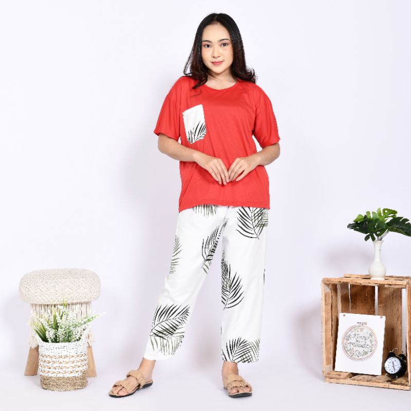 Baju Tidur Piyama Wanita/Cewek Dewasa CP Oblong Celana Panjang Kombinasi Kekinian-CP OBLONG BC.W RED
