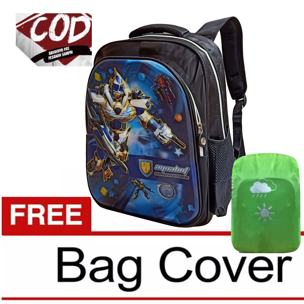 TAS RANSEL ANAK SEKOLAH LAKI-LAKI BATOK EMBOS 3D KARAKTER ROBOT FORTUNE15'' 2011 BIRU RAINCOVER