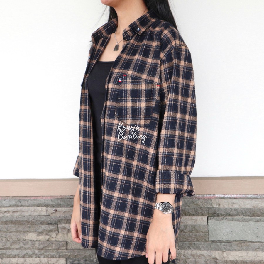 kemeja flanel cewek wanita oversize dan normal size lengan ...