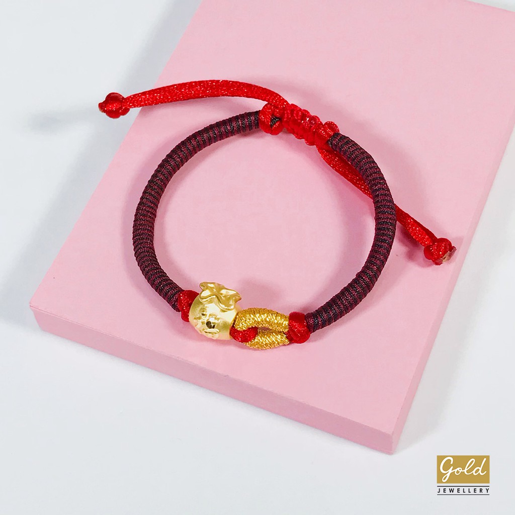 Gelang tali emas hongkong 24k 999 charm pundi tali hitam merah lilit