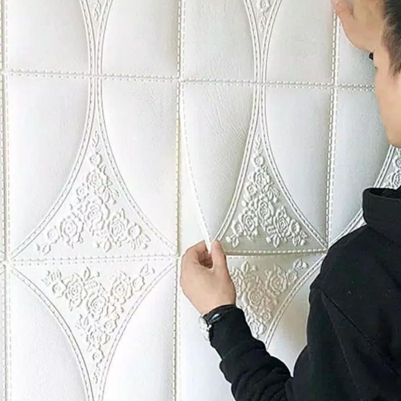 wallpaper foam premium 3D permukaan timbul motif batik oval putih