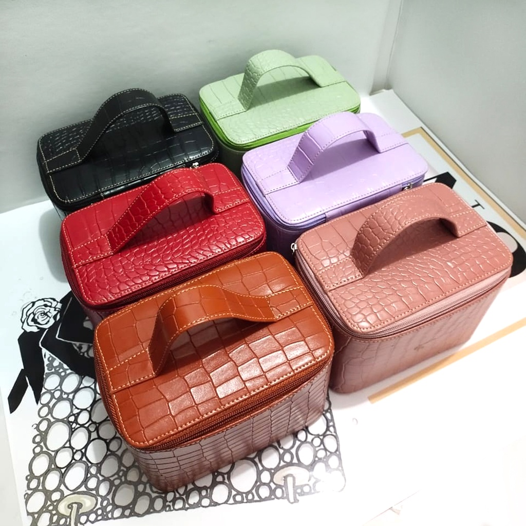 Tas makeup wanita kulit sintetis motif croco tas makeup travel organizer tas makeup beauty pouch wanita murah kekinian