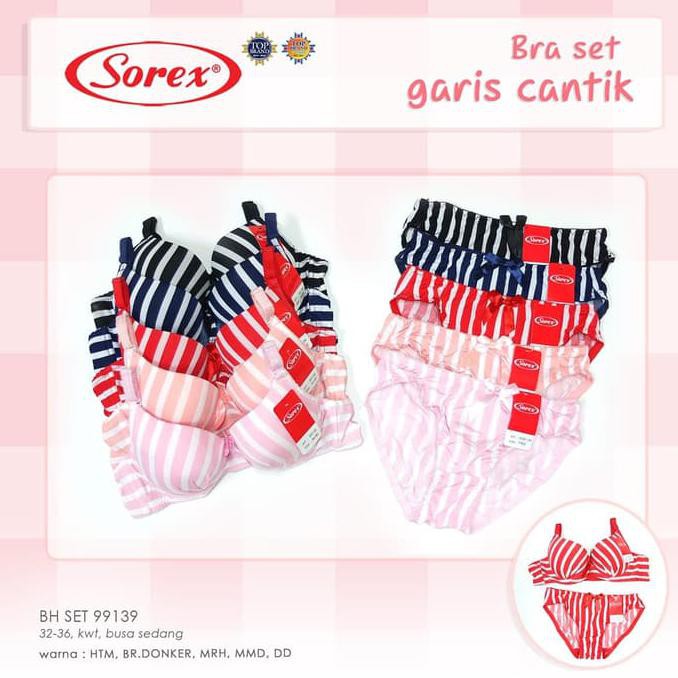 Set Bra Set Garis Cantik Kawat 32-36 BH Setelan Sorex 99139 - 32, Merah Muda