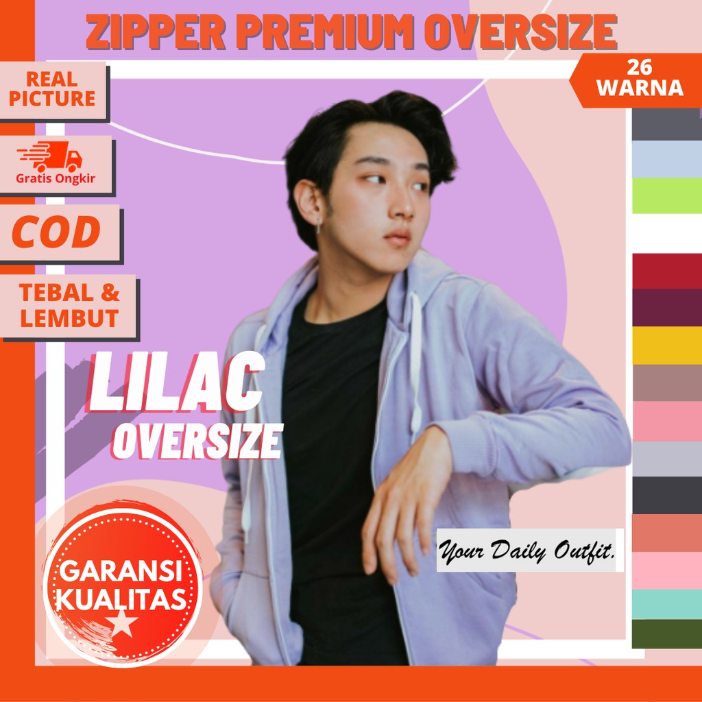 Hoodie Zipper Oversize Lilac Ungu Muda Lavender XL-XXXL Premium Couple Unisex / Hoodie Korea