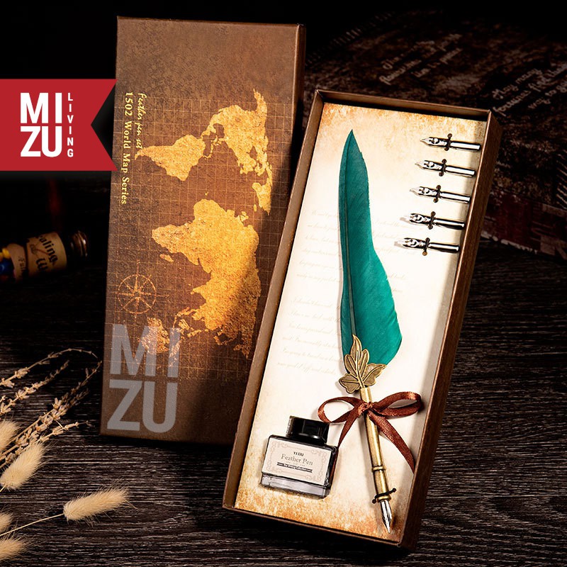 MIZU HANEPEN Calligraphy Set Kaligrafi Feather Quill Dip Pen Bulu 6 Steel Nibs 1 Ink Tinta