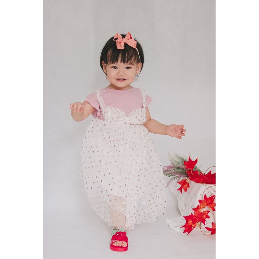 Promo !! Dress Lucu Anak Perempuan Import / Dress Blink polka big ribbon curly ukuran 1-3tahun / Dress Anak Simple Elegant