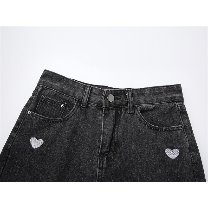 new korean love bordir highwaist celana jeans wanita denim lurus