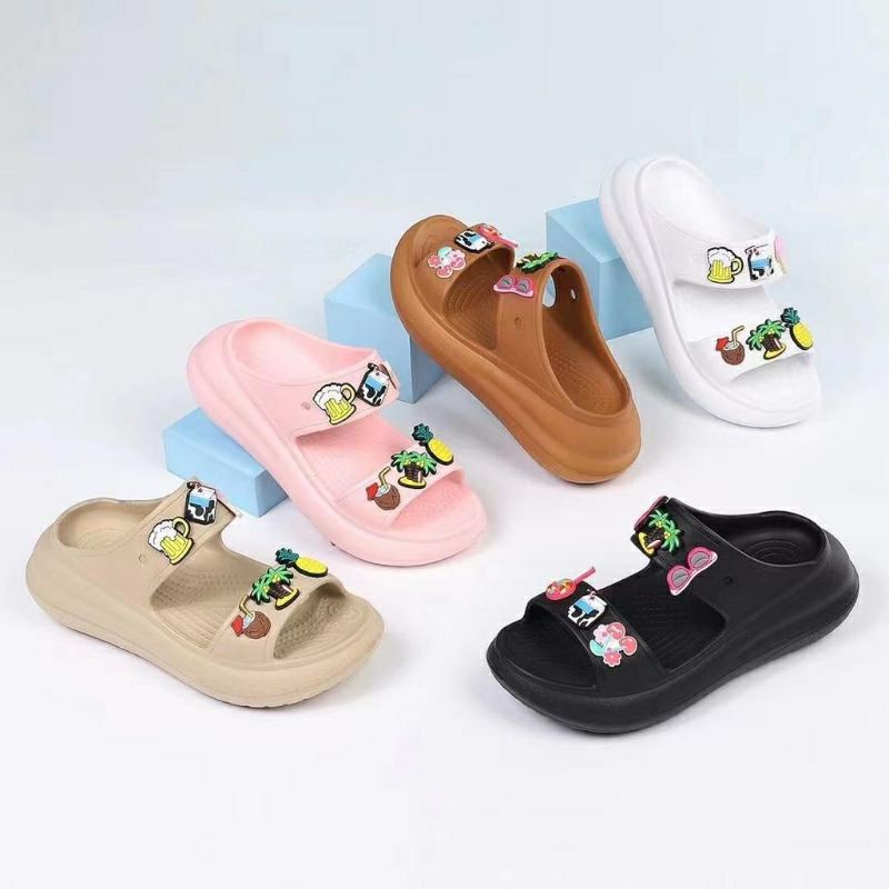 SANDAL FASHION BAE SLIDE TWO STRAP WEDGES FREE JIBBITZ