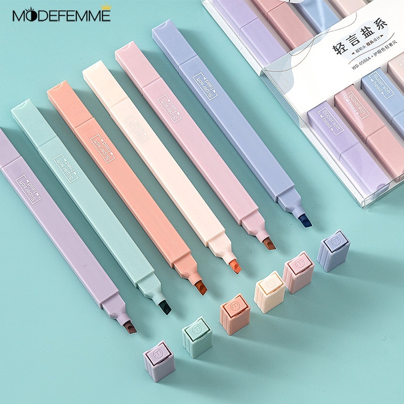 6pcs / Set Spidol Highlighter Ujung Ganda Warna Permen Untuk Jurnal / Album Foto Diy