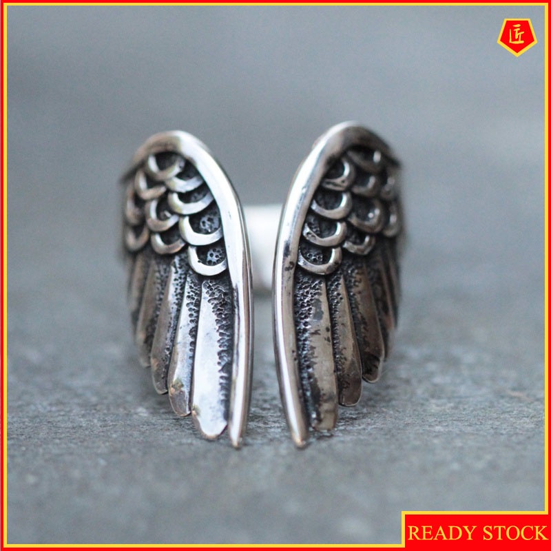 [Ready Stock]Retro Personalized Silver Angel Wings Ring