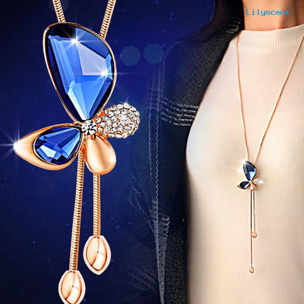 Kalung Rantai Panjang Dengan Liontin Kupu-Kupu Aksen Berlian Imitasi Untuk Wanita
