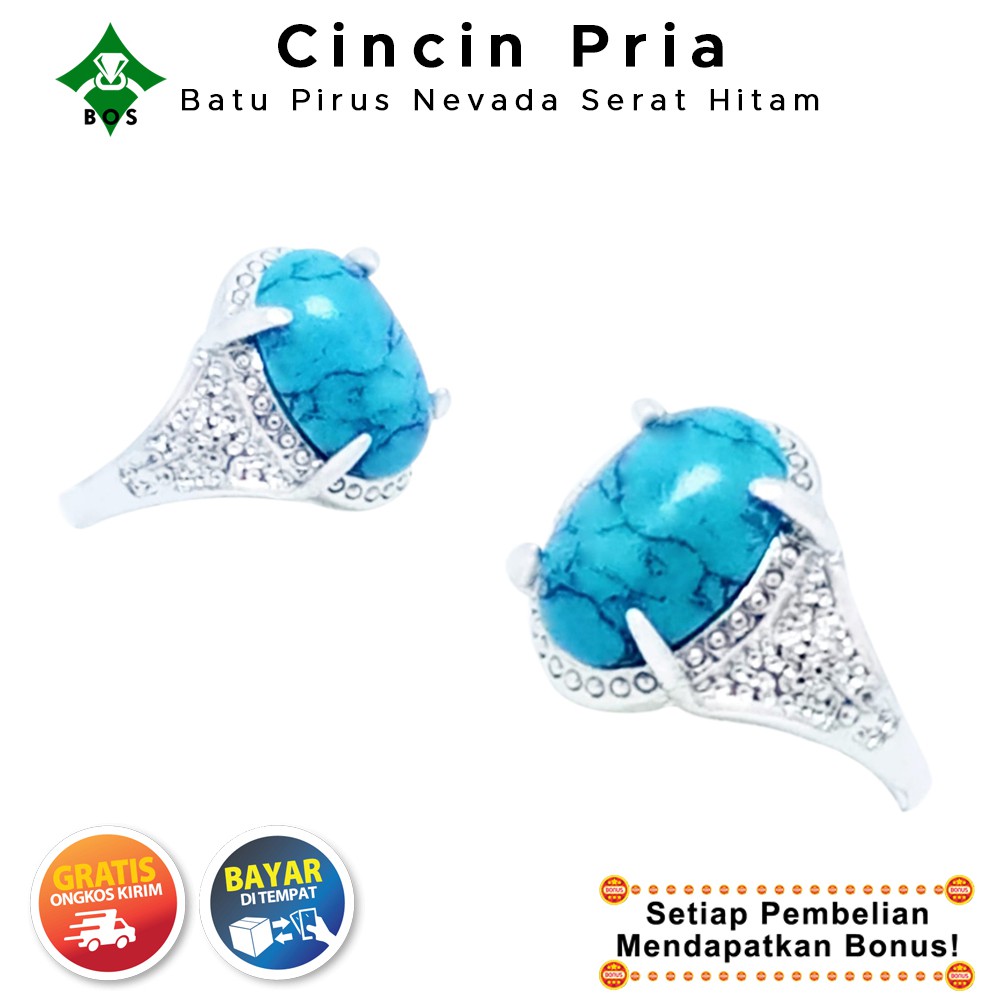 [Bayar Di Tempat] BOS Cincin Pria Batu Akik Pirus Nevada Biru Keren Korea Mewah Elegan Terbaru