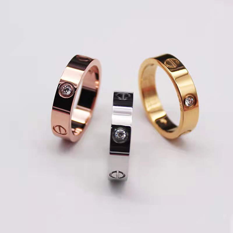 Cincin Titanium Steel Warna Rose Gold Hias Berlian Klasik Simple Unisex