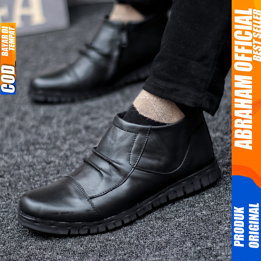 Sepatu Pantofel Tinggi Boot Sleting Kulit Asli Original Formal Hitam Pria Abraham Warka